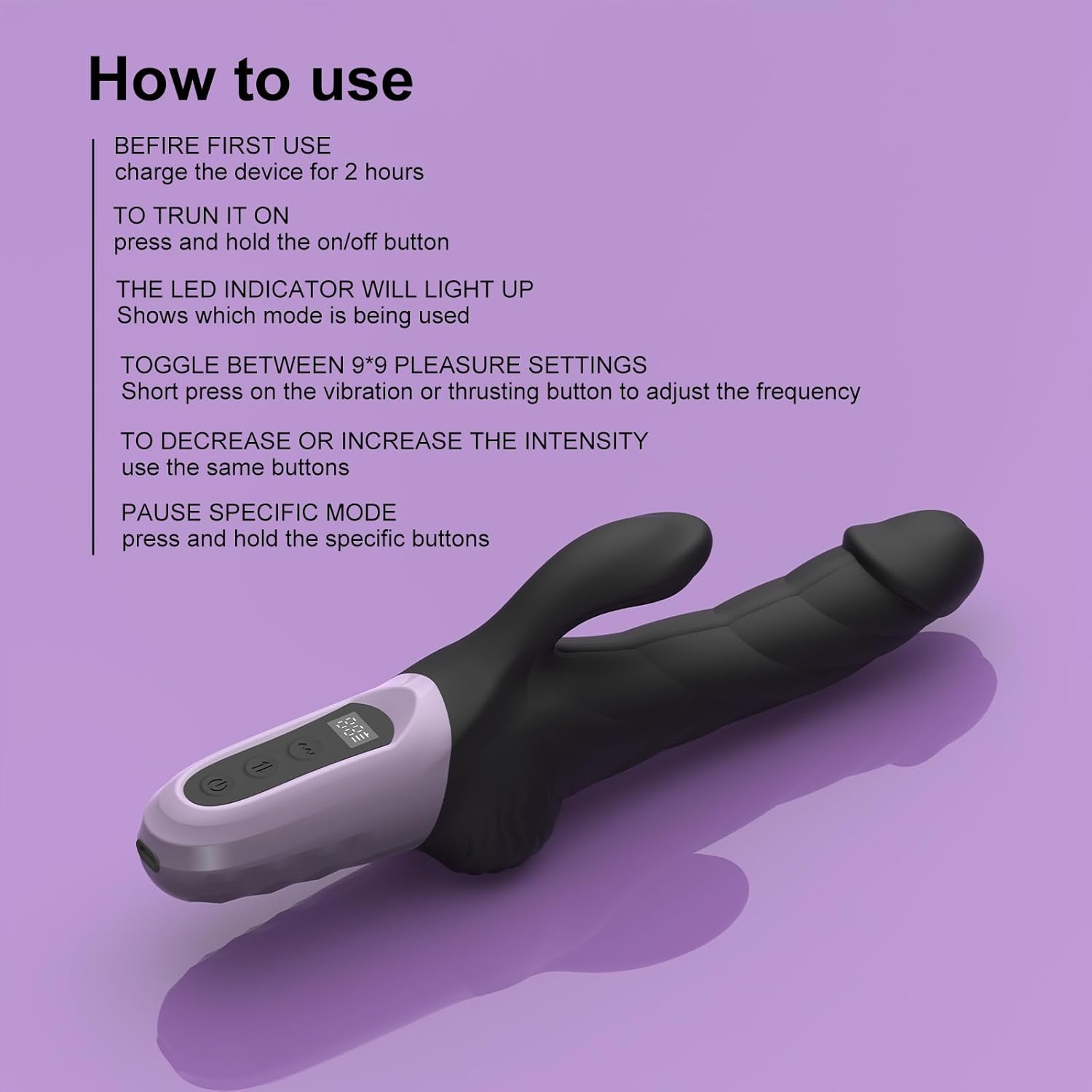 LED Screen Display Silicone G Spot Rabbit Vibrator with 9 Thrusting & 9 Vibrating Modes 9.8 Inch