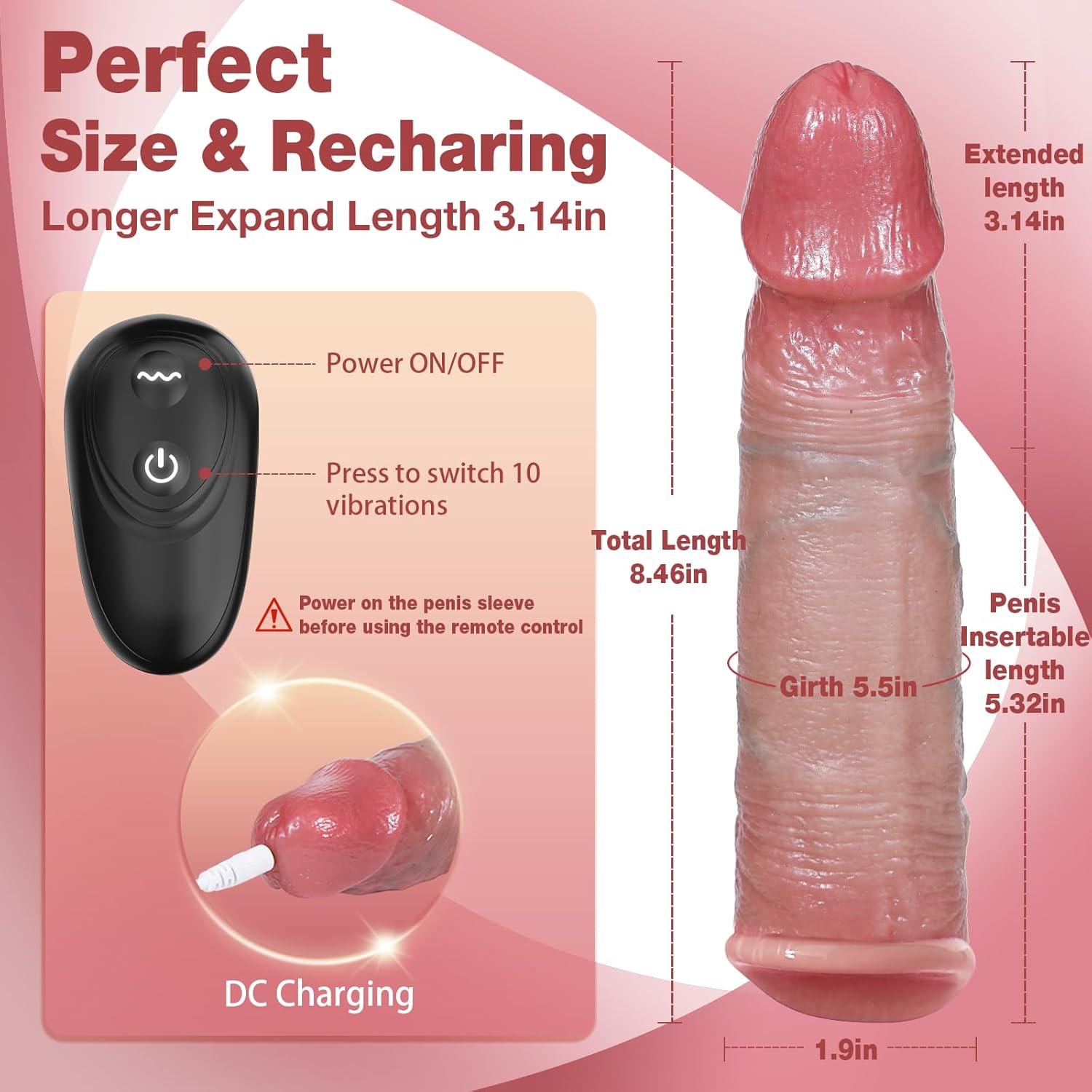 Amateur Penis Extender Vibrating Cock Sleeve with 10 Vibrations & Remote Control (<30 dB)