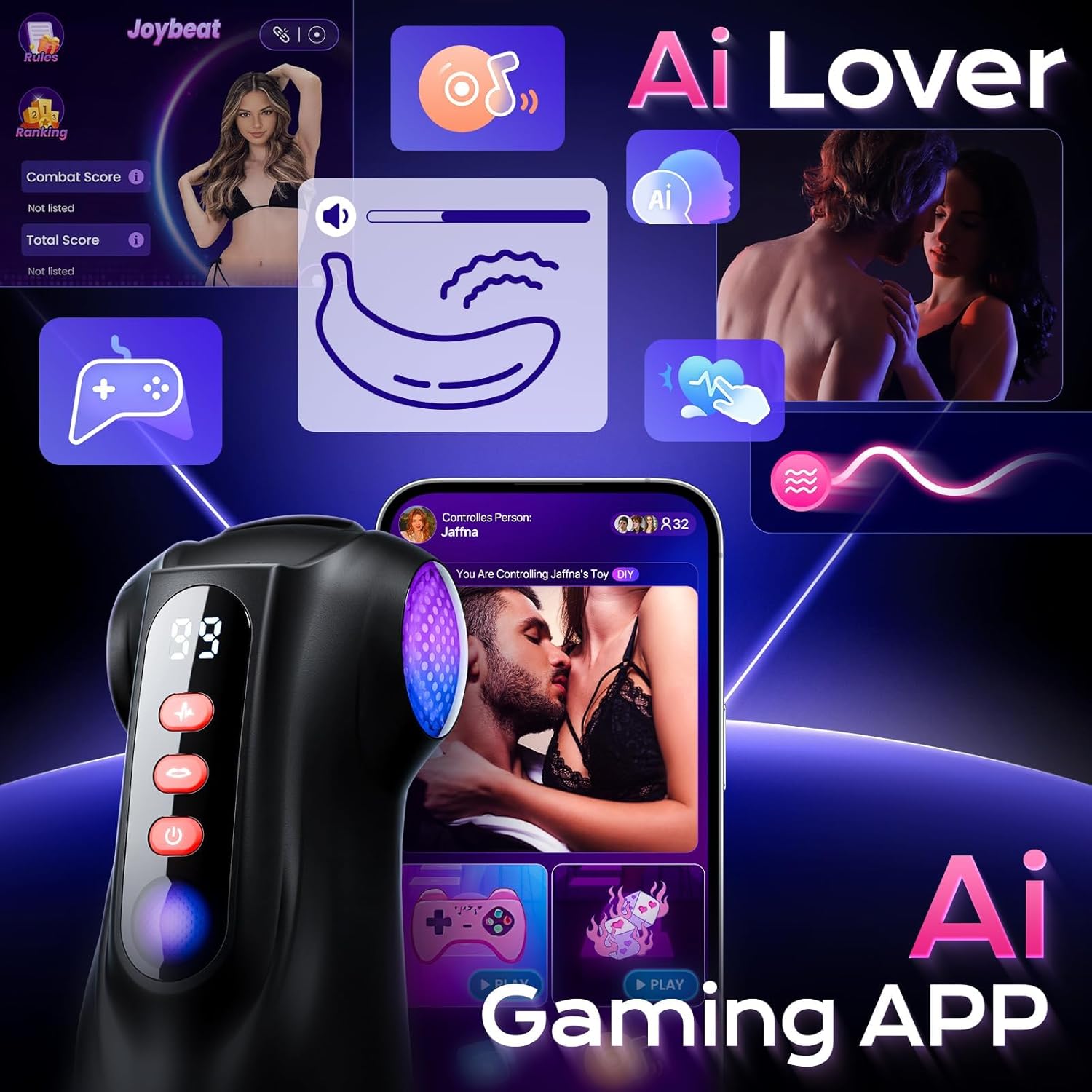 FFM Fantasy Sucking, Vibrating & Edging AI Sync Masturbator with Three Textured Sleeves (Mouth, Vagina, Anal), Rhythmic Light Show