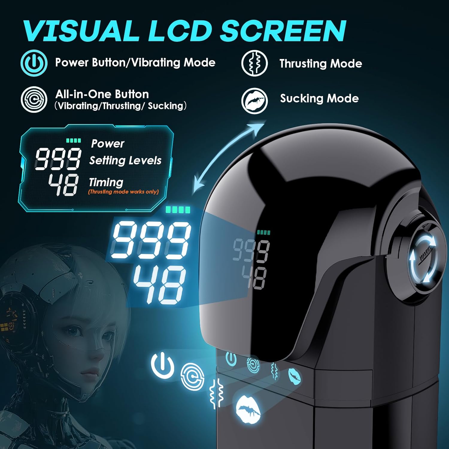 9IN1 Adjustable Helmet Throated Swallowing Male Masturbator with 9 Sucking & Thrusting & Vibrating (<50 dB)