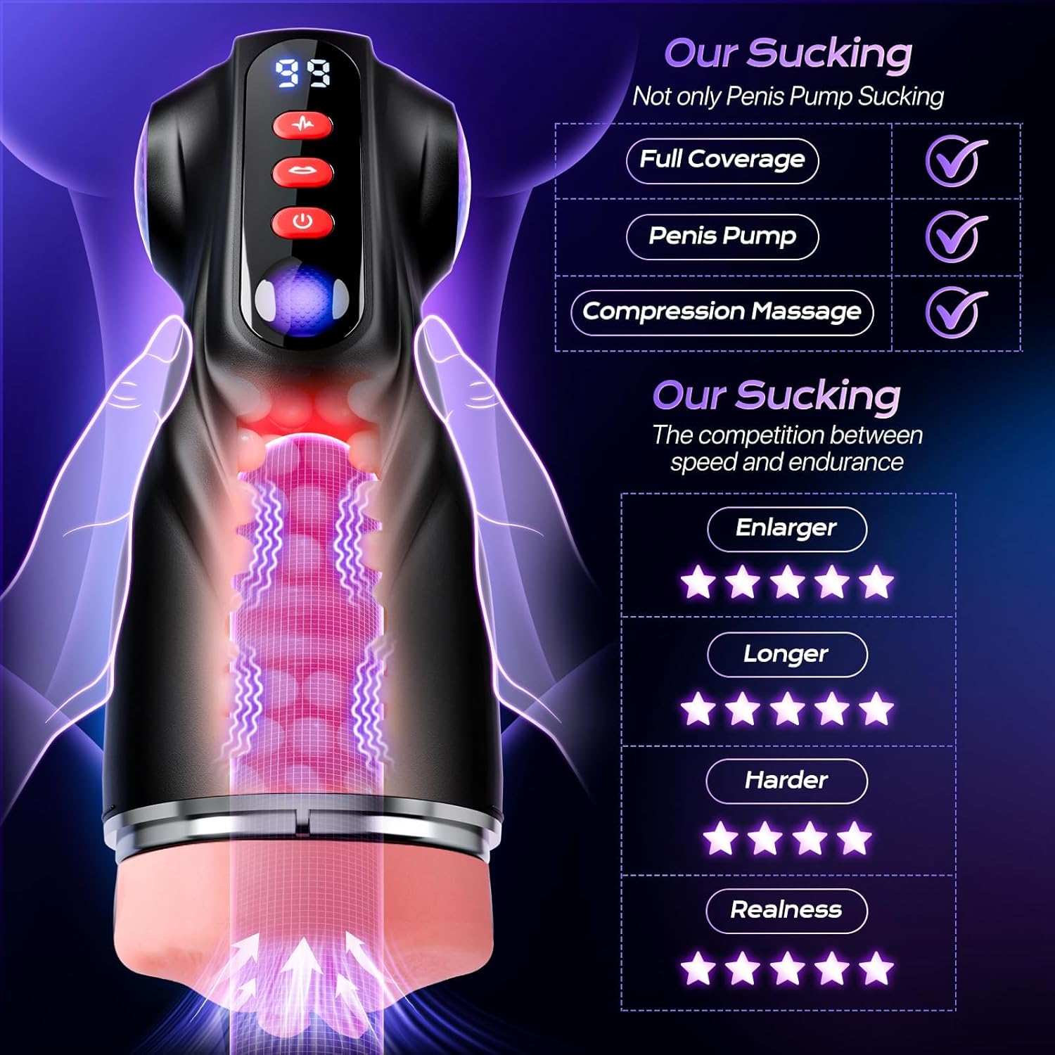 FFM Sucking, Vibrating & Edging AI Sync Masturbator with Three Textured Sleeves (Mouth, Vagina, Anal), Rhythmic Light Show
