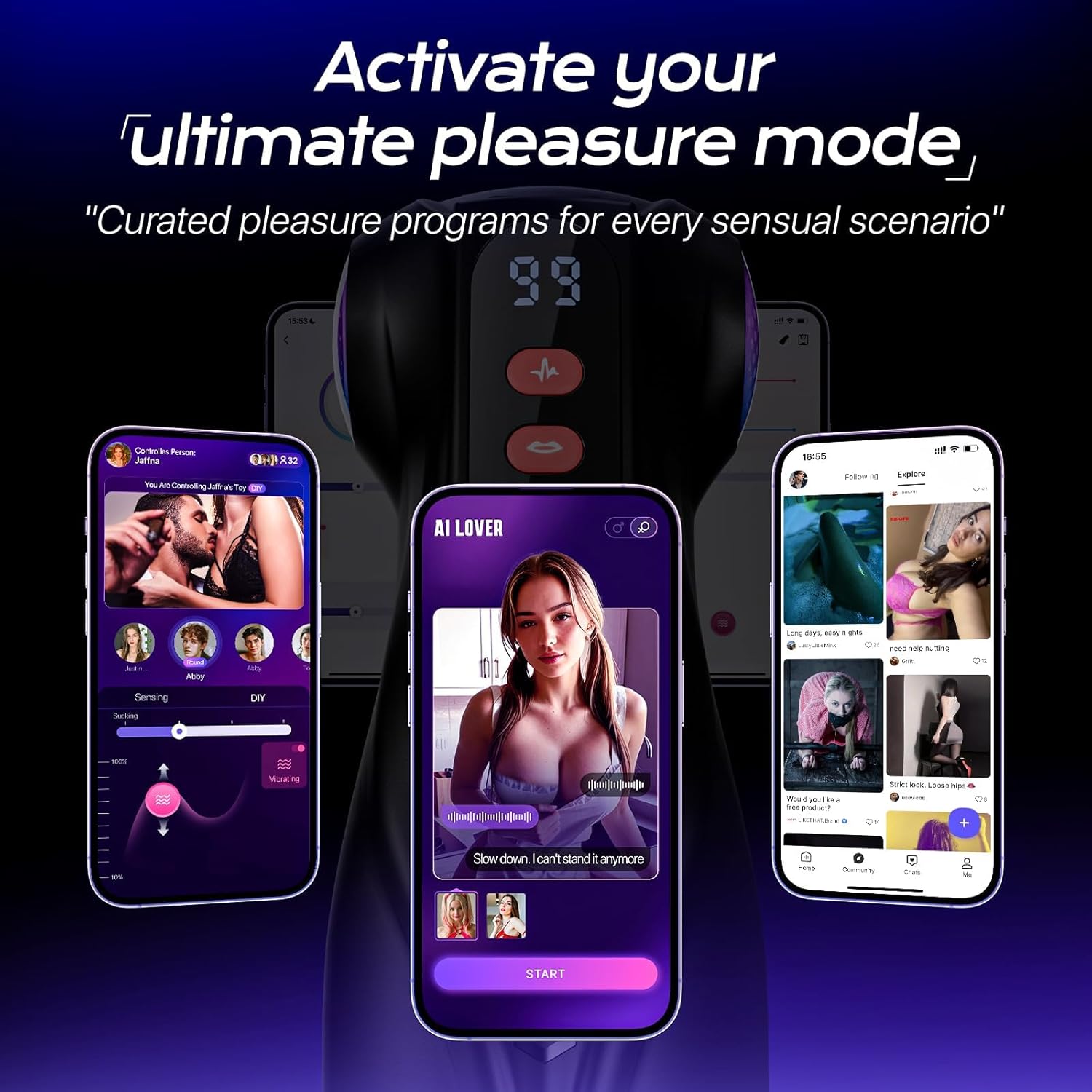 FFM Fantasy Sucking, Vibrating & Edging AI Sync Masturbator with Three Textured Sleeves (Mouth, Vagina, Anal), Rhythmic Light Show