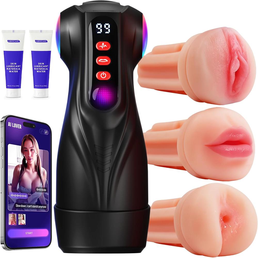 FFM Sucking, Vibrating & Edging AI Sync Masturbator with Three Textured Sleeves (Mouth, Vagina, Anal), Rhythmic Light Show