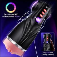 FFM Fantasy Sucking, Vibrating & Edging AI Sync Masturbator with Three Textured Sleeves (Mouth, Vagina, Anal), Rhythmic Light Show