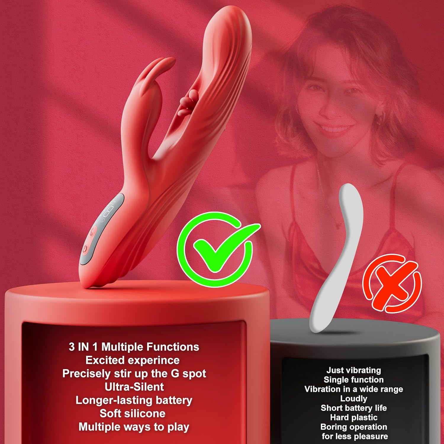 Triple Stimulation LED Screen Display 9 Vibrations & 9 Tapping Rabbit Vibrator