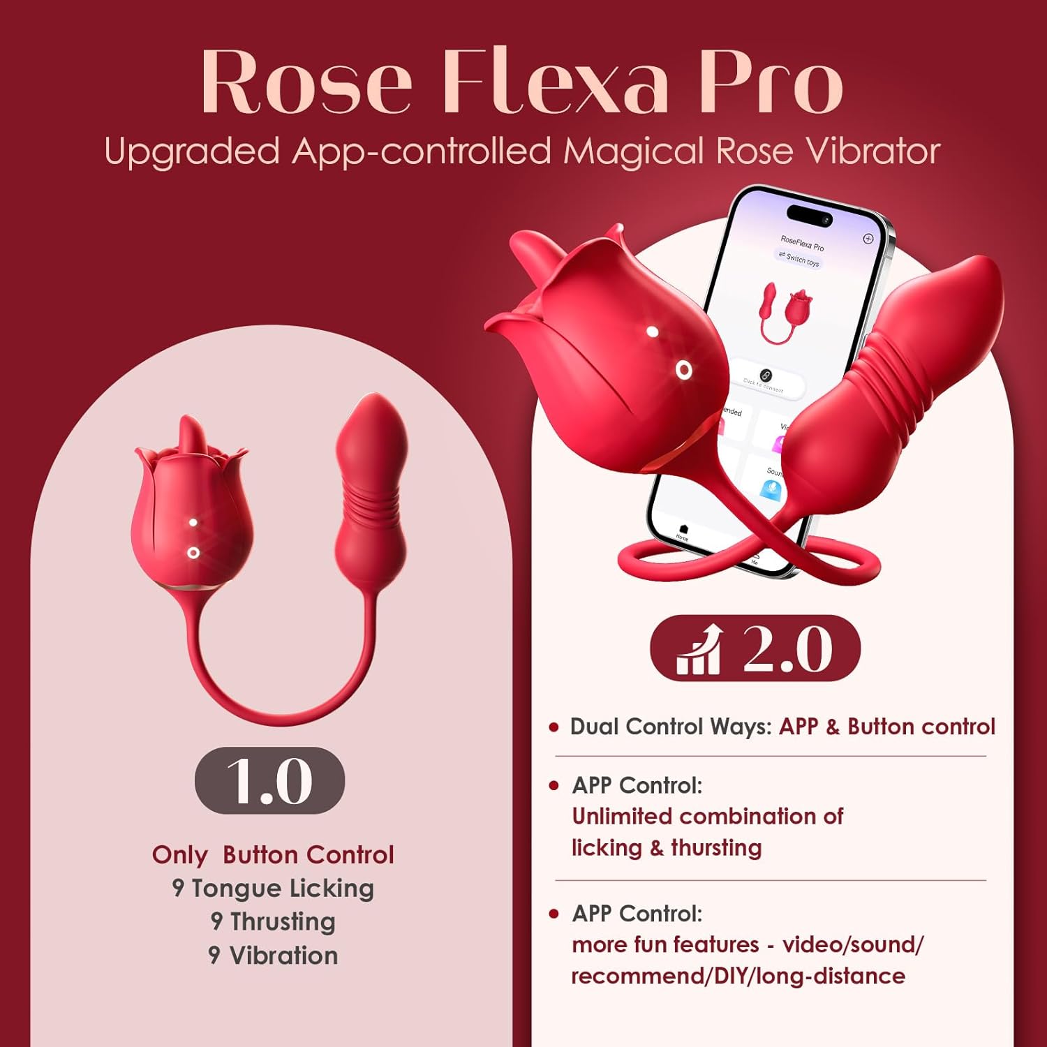 Rose Tongue Licking with Thrusting Egg Vibrator (≤35 dB) - App or Partner Can Control Remotely, Small But Powerful #Pussy Licking