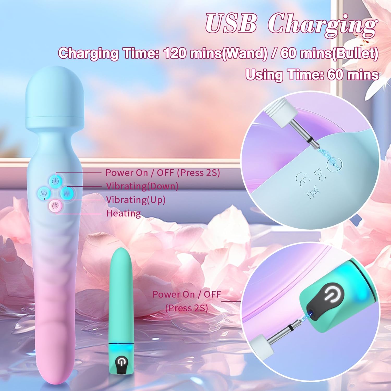 Dual Wand Massager & Bullet Vibrator Set - 7 Modes, Heating, Quiet, Waterproof & Body-Safe Silicone