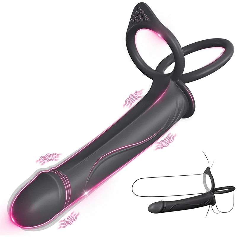 Strap On 15° Curved Surface Dildo with Vibrating Cock Ring for Penis Double Penetration