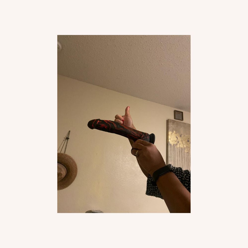 9.5” Black and Red Striped Thick Realistic Vibrating Thrusting Dildo
