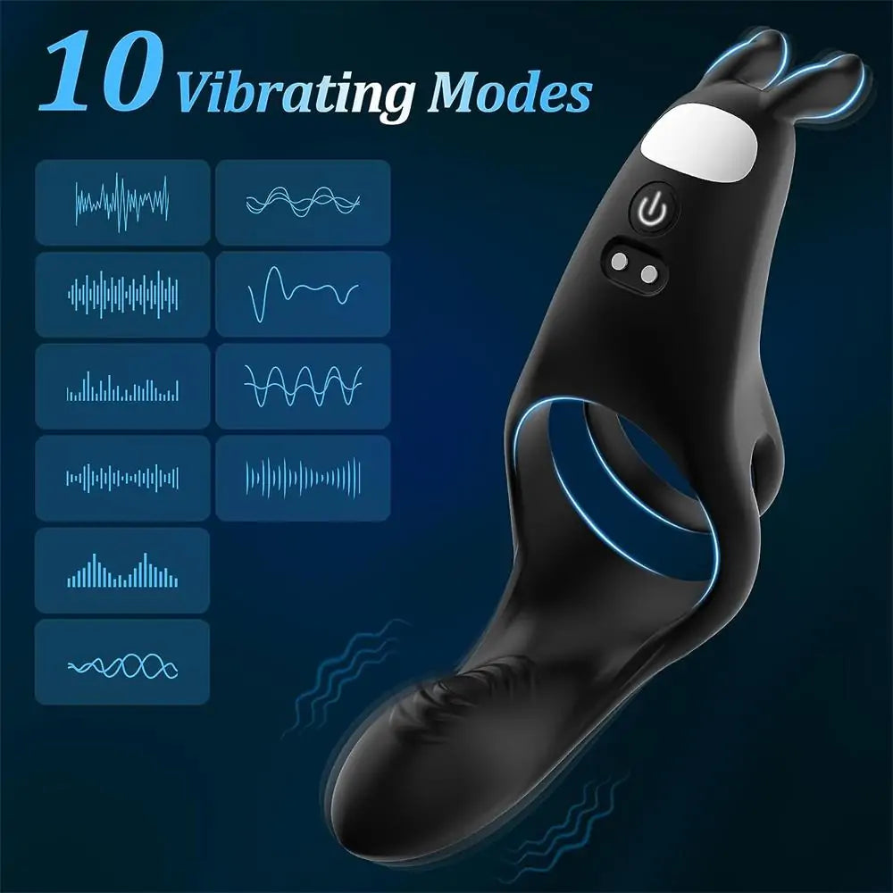 3 in 1 Penis Ring Couple Vibrator Clitoris & Perineum Stimulator with Bunny Ears & 10 Vibration Modes