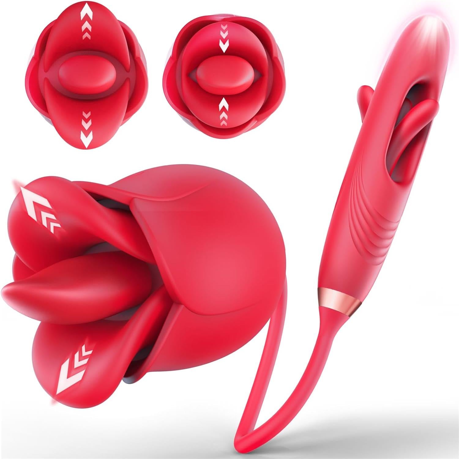 4 in 1 Mouth-Shaped Tongue Licking & Kissing Rose Clitoral Stimulator Flapping Vibrator #Pussy From Behind #Rimming
