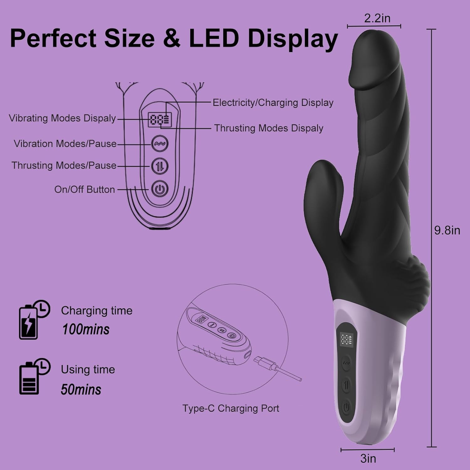 LED Screen Display Silicone G Spot Rabbit Vibrator with 9 Thrusting & 9 Vibrating Modes 9.8 Inch