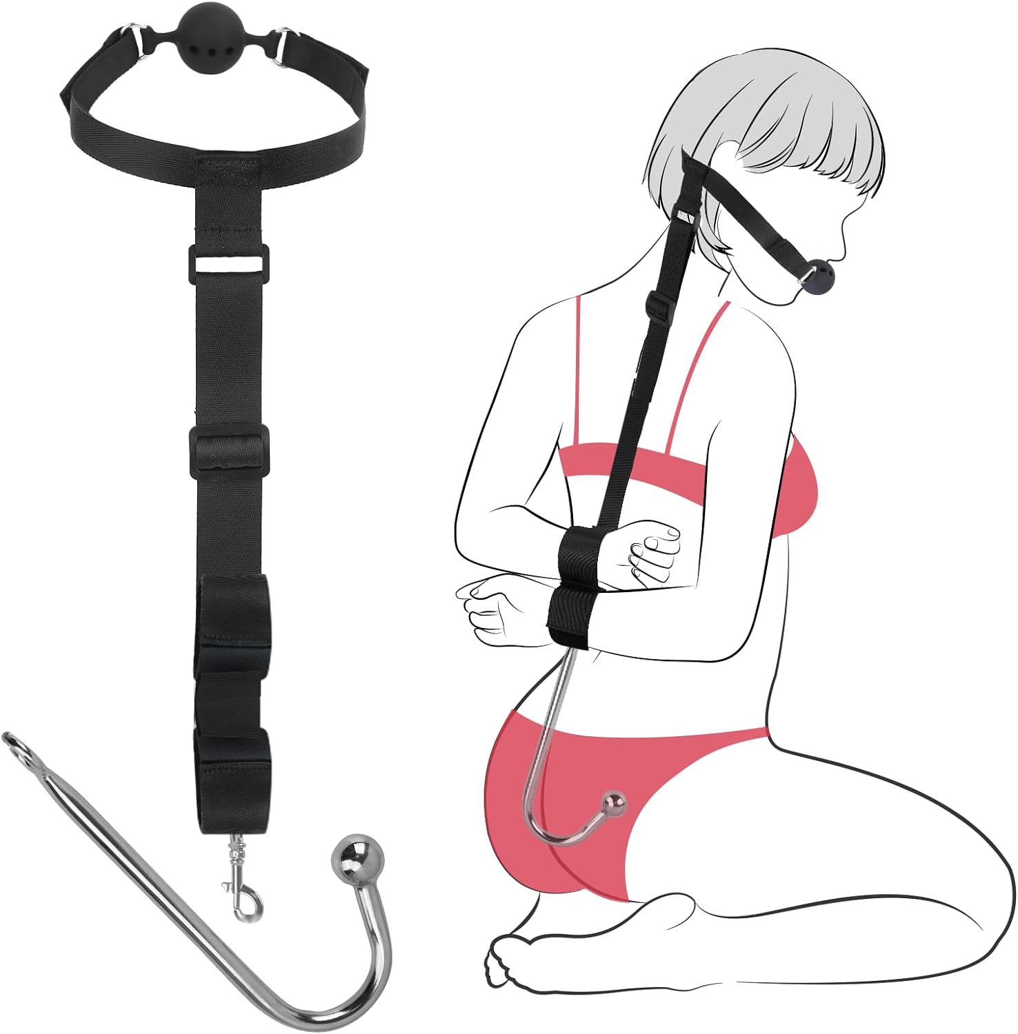 Sex Bondage Mouth to Wrist Restraints Kit with Anal Hook Gag