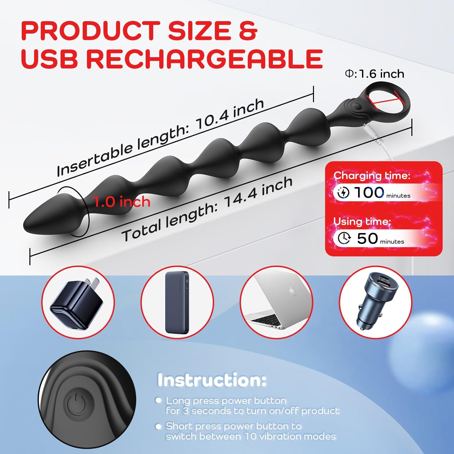 14.4 Inch Ultra-Soft Liquid Silicone Rechargeable Flexible Vibrating Anal Beads