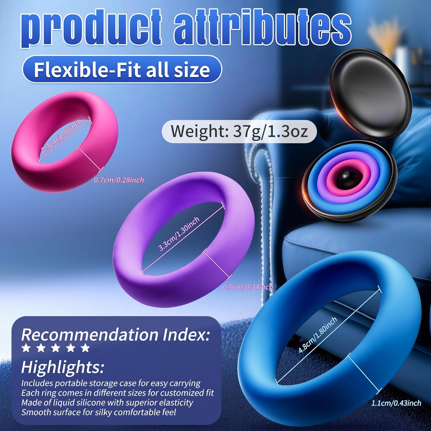 3 Pcs Different Sizes Multi-Coloured Silicone Penis Ring with Storage Box