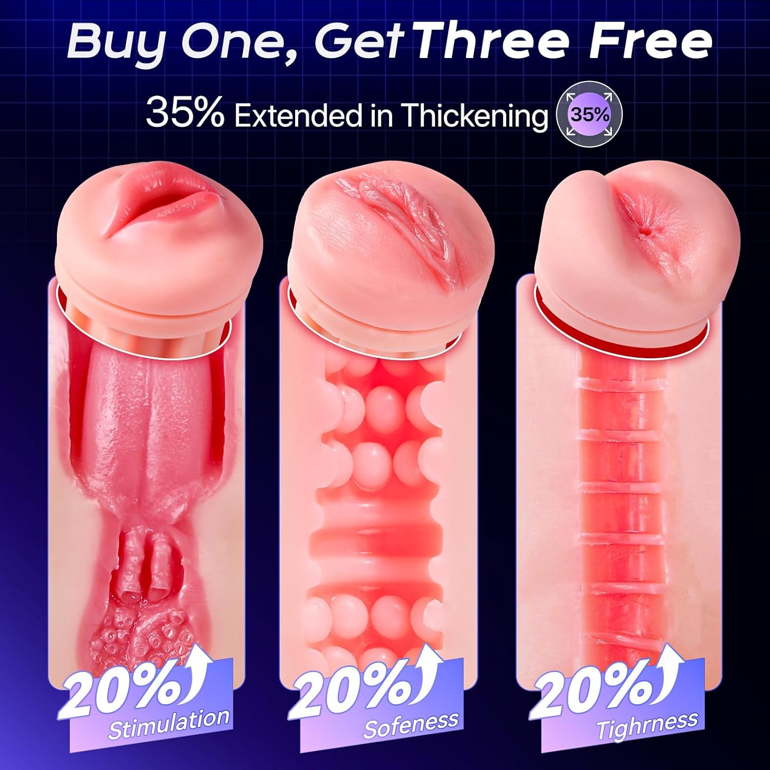 FFM Fantasy Sucking, Vibrating & Edging AI Sync Masturbator with Three Textured Sleeves (Mouth, Vagina, Anal), Rhythmic Light Show