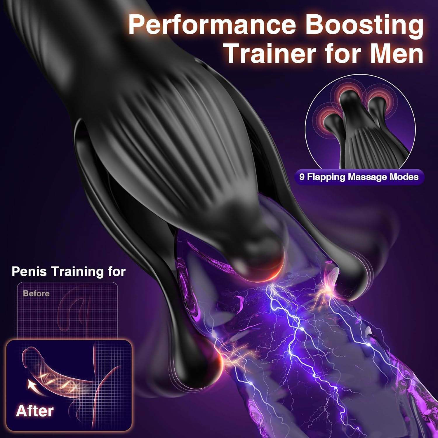 Anal Trainer, Prostate & Cock Ring with 9 Tension Shock Flapping Thrusting Vibrating
