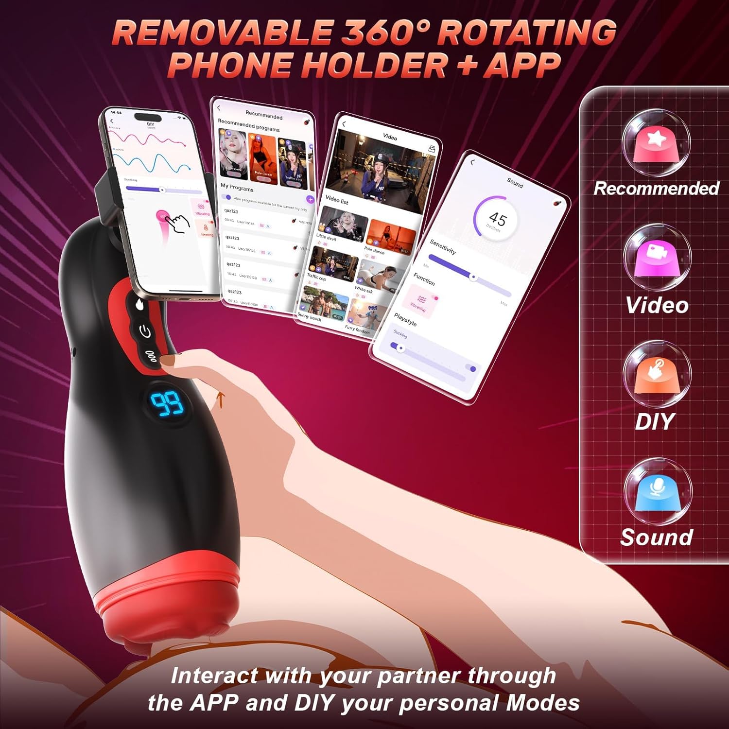 Heating Blowjob Machine with 9 Sucking & 9 Vibrating with Phone Holder APP Control
