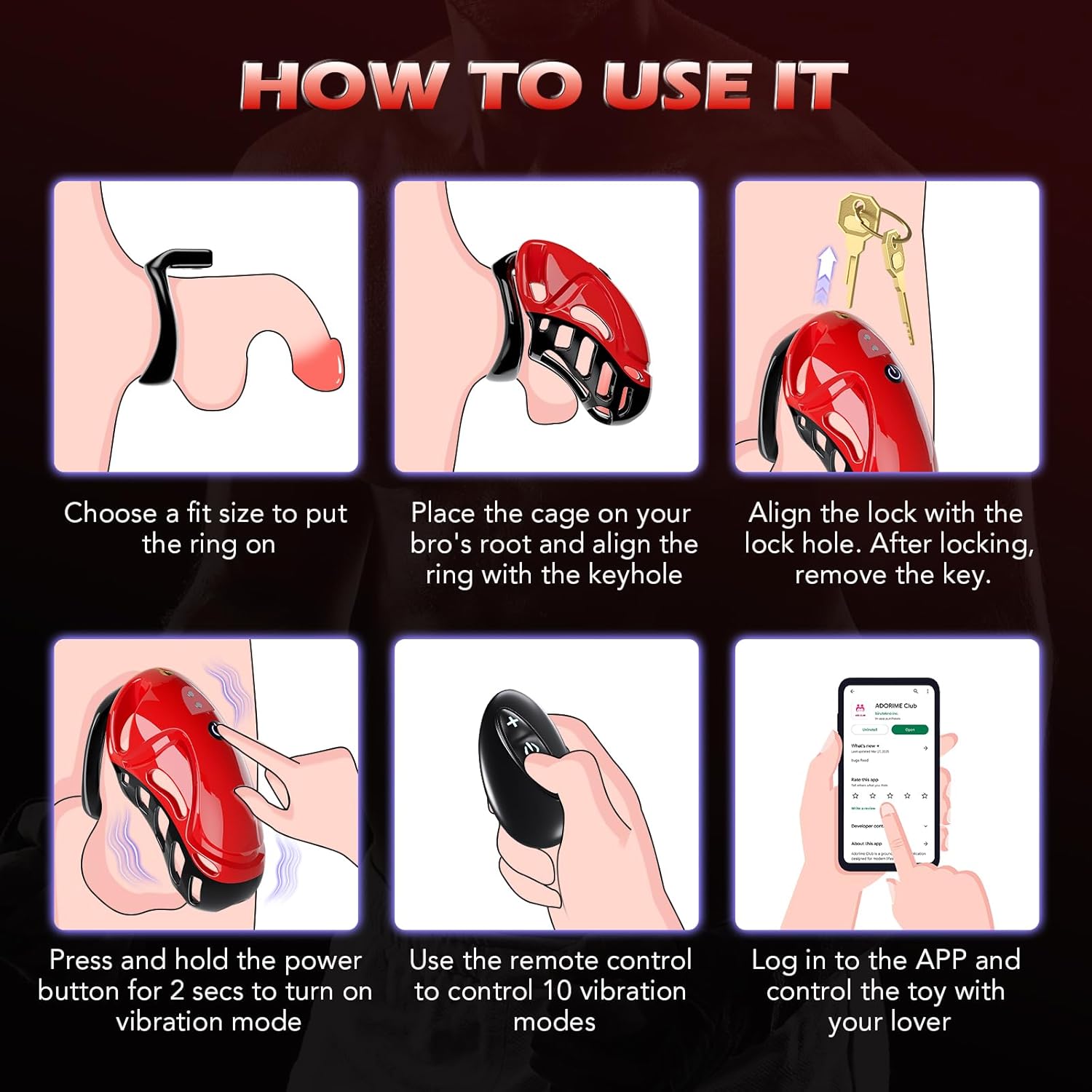Vibrating Chastity Cage - Male Chastity Devices Cock Cage with 10 Vibrations, App & Remote Control