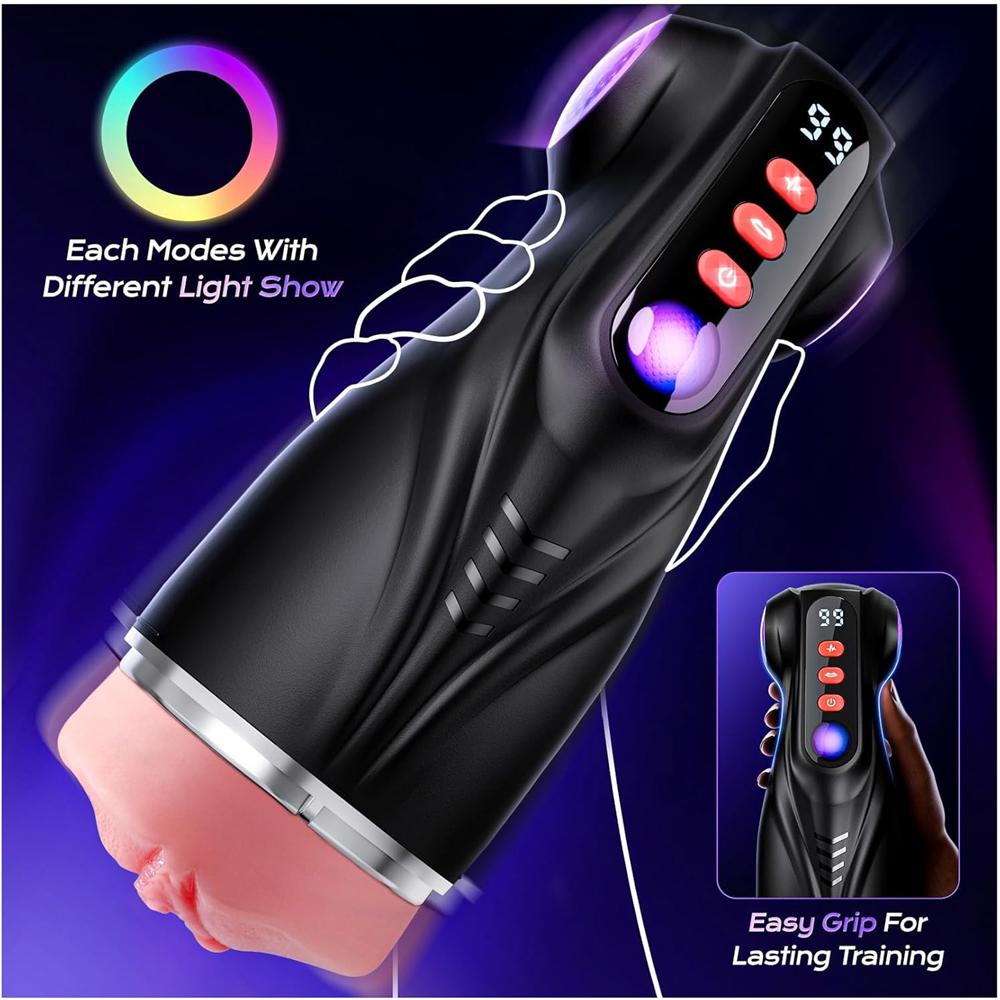 FFM Fantasy Sucking, Vibrating & Edging AI Sync Masturbator with Three Textured Sleeves (Mouth, Vagina, Anal), Rhythmic Light Show