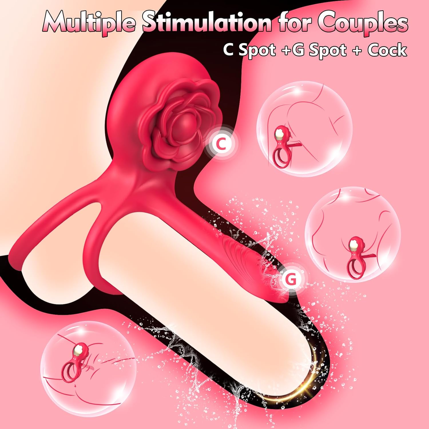 Vibrating Cock Ring Sex Toys，Double Penis Rings Adult Rose Toy with 10 Vibration Modes & 6 Extra Sex Rings, Penis Vibrator G-spot Clitoral Stimulator for Men Couple