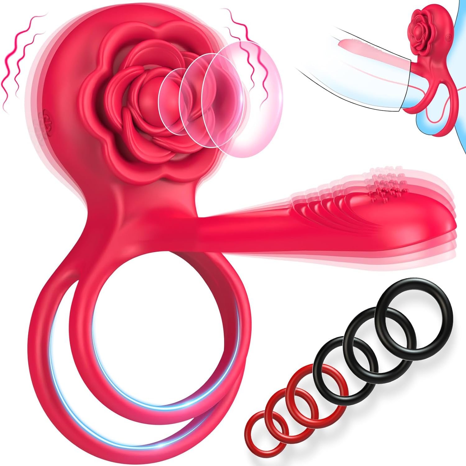 Vibrating Cock Ring Sex Toys，Double Penis Rings Adult Rose Toy with 10 Vibration Modes & 6 Extra Sex Rings, Penis Vibrator G-spot Clitoral Stimulator for Men Couple