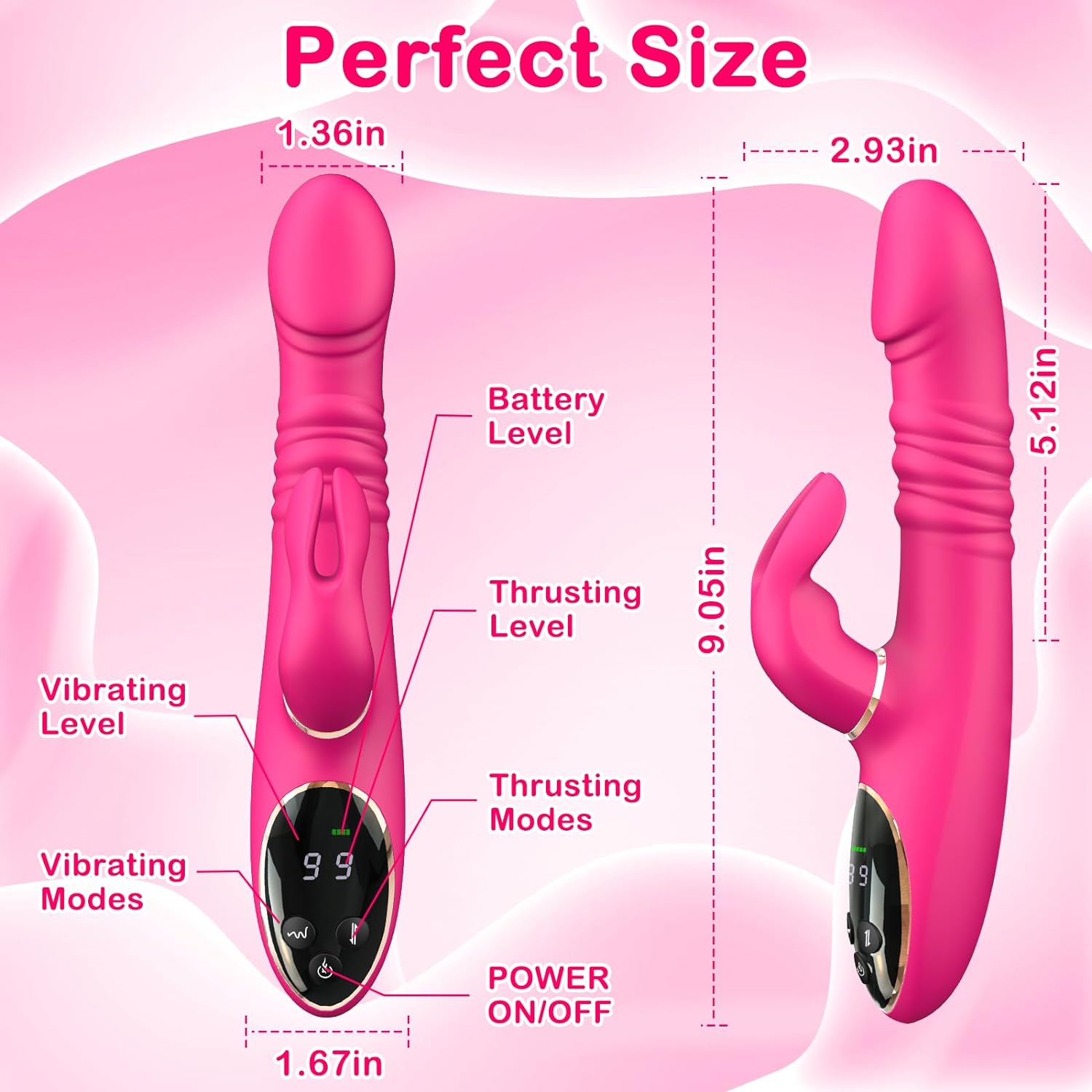 Dual Glow 9 Thrusting & 9 Vibrating Modes Rabbit Vibrator On-Screen Display