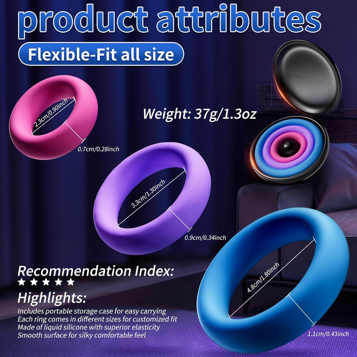 3 Pcs Different Sizes Multi-Coloured Silicone Penis Ring with Storage Box