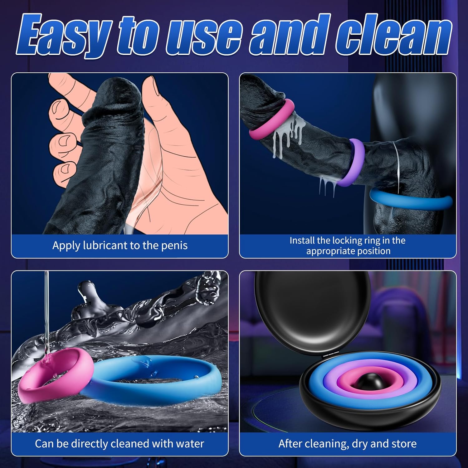 3 Pcs Different Sizes Multi-Coloured Silicone Penis Ring with Storage Box