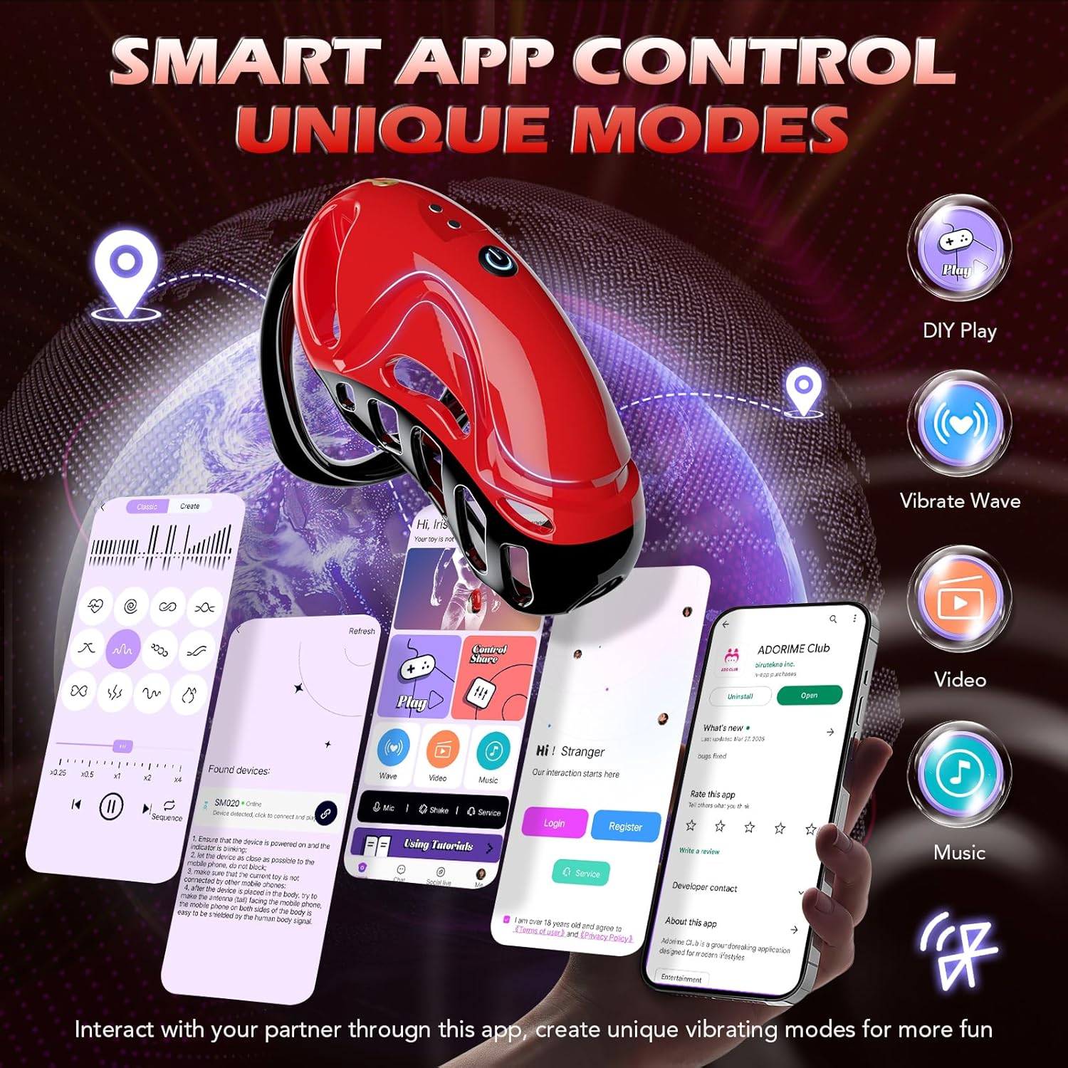 Vibrating Chastity Cage - Male Chastity Devices Cock Cage with 10 Vibrations, App & Remote Control
