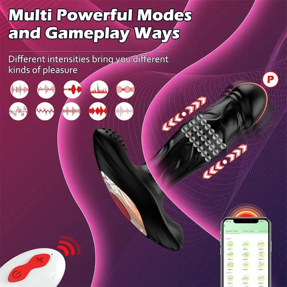 Anus Butt Plug Prostate Massager with 9 Thrusting Ring & 9 Wiggling
