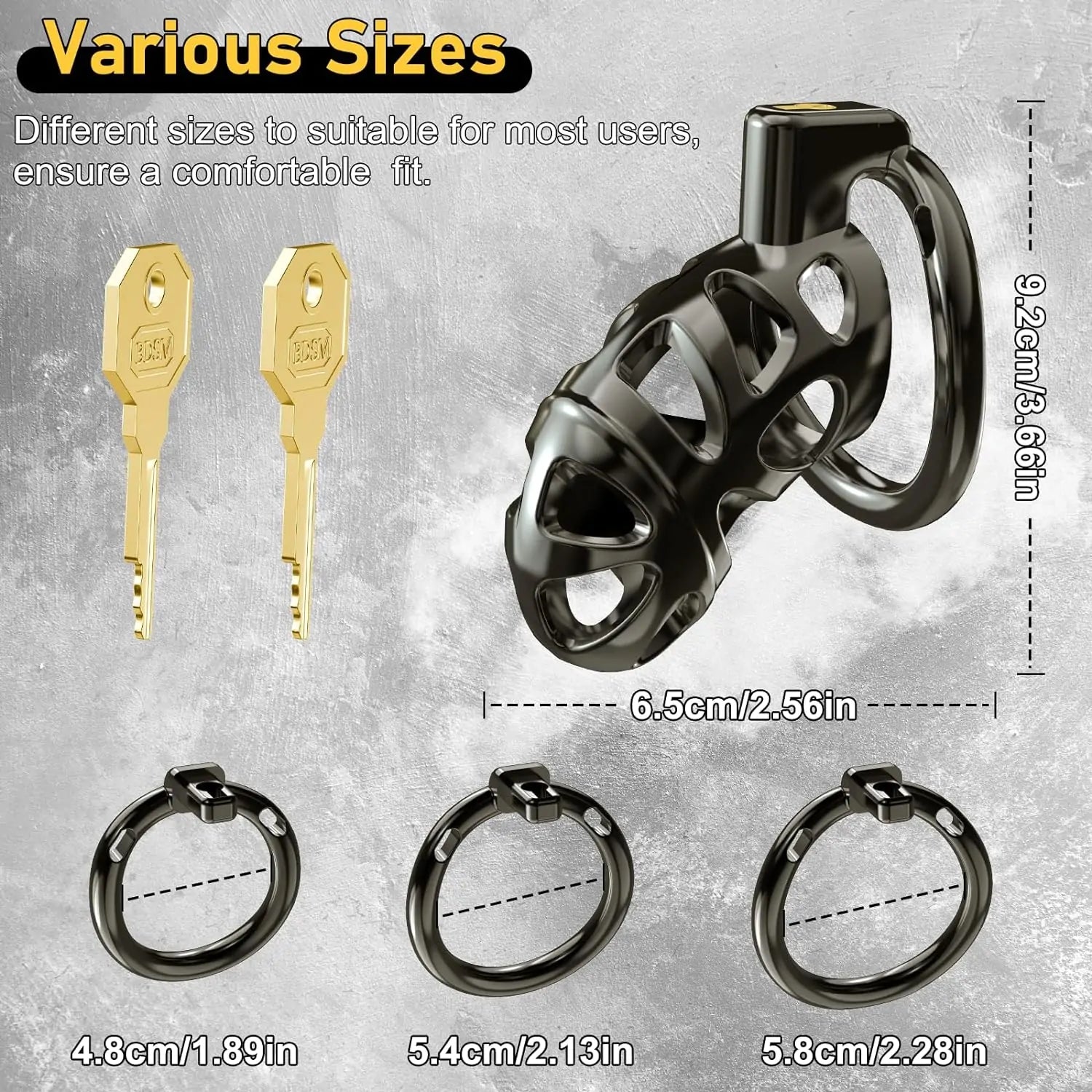 Male Metal Cock Chastity Cage Locked 2.6 Inch with 3 Active Sizes Rings 2 Keys