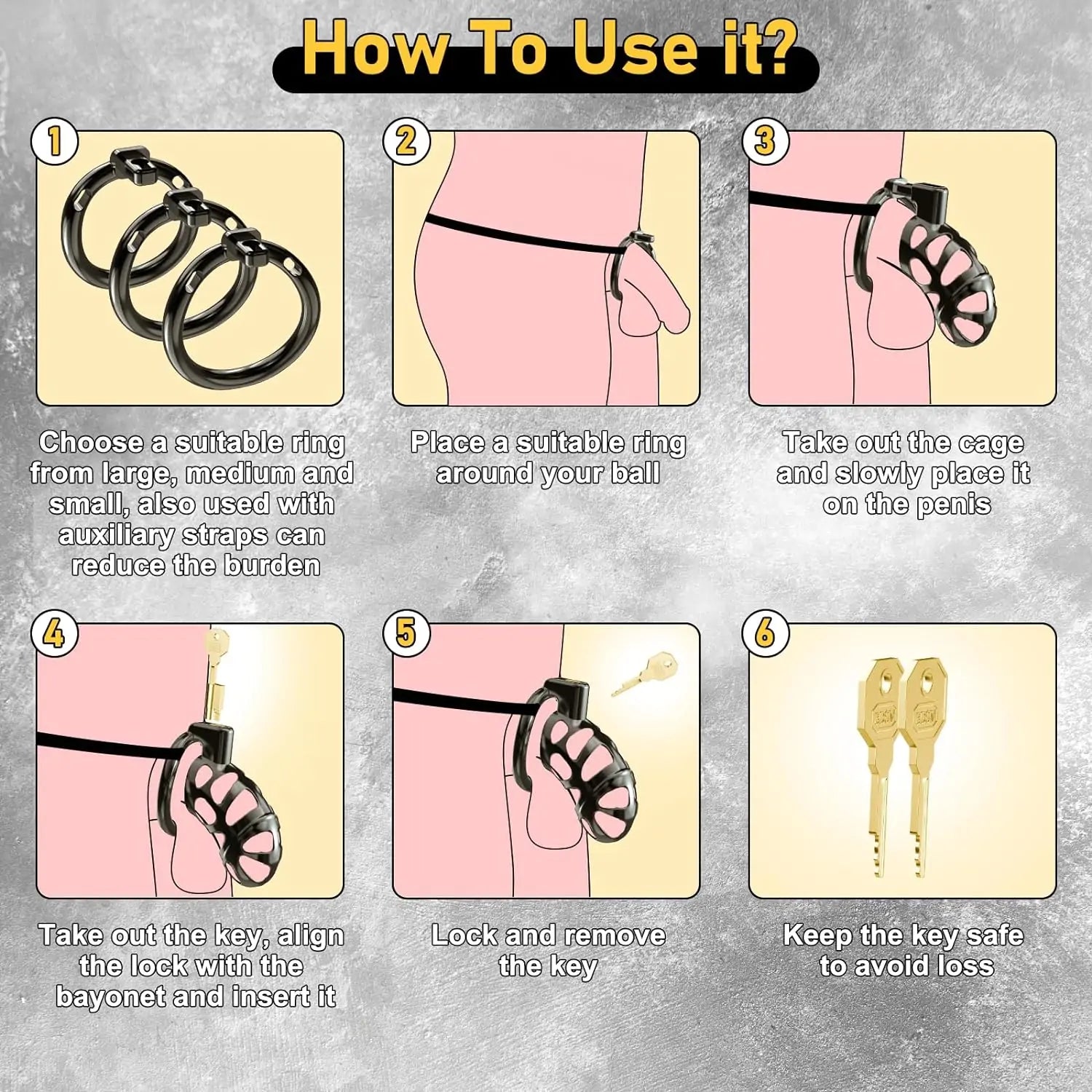 Male Metal Cock Chastity Cage Locked 2.6 Inch with 3 Active Sizes Rings 2 Keys
