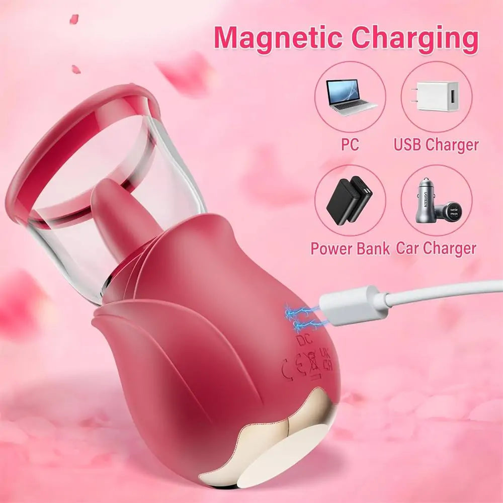 Rose Tongue Pump Clitoris & Nipple Vibrator, 5 Lick - Vibrating & 4 Sucking Modes