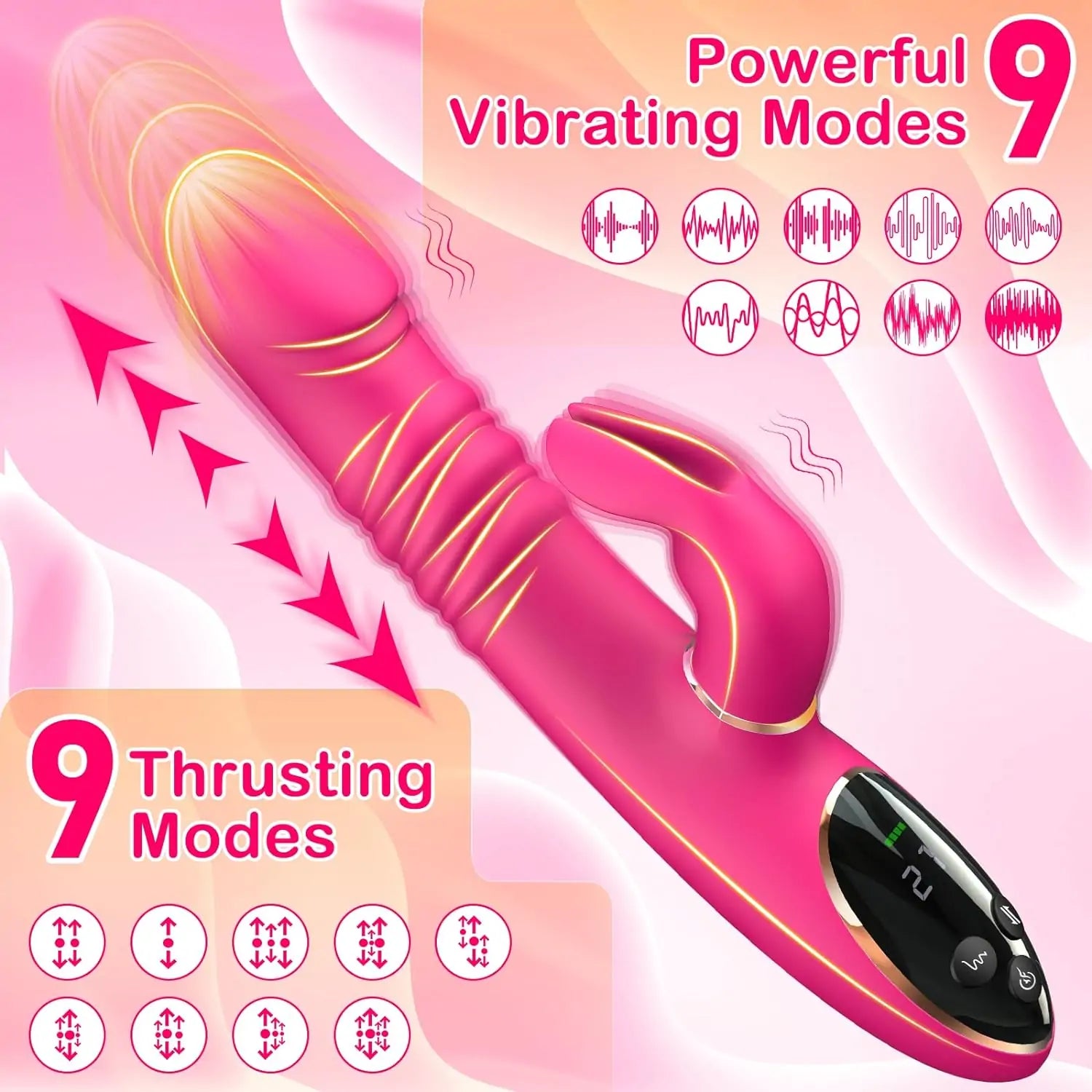 Triple Pleasure Waterproof Thrusting Rabbit Vibrator On-Screen Display