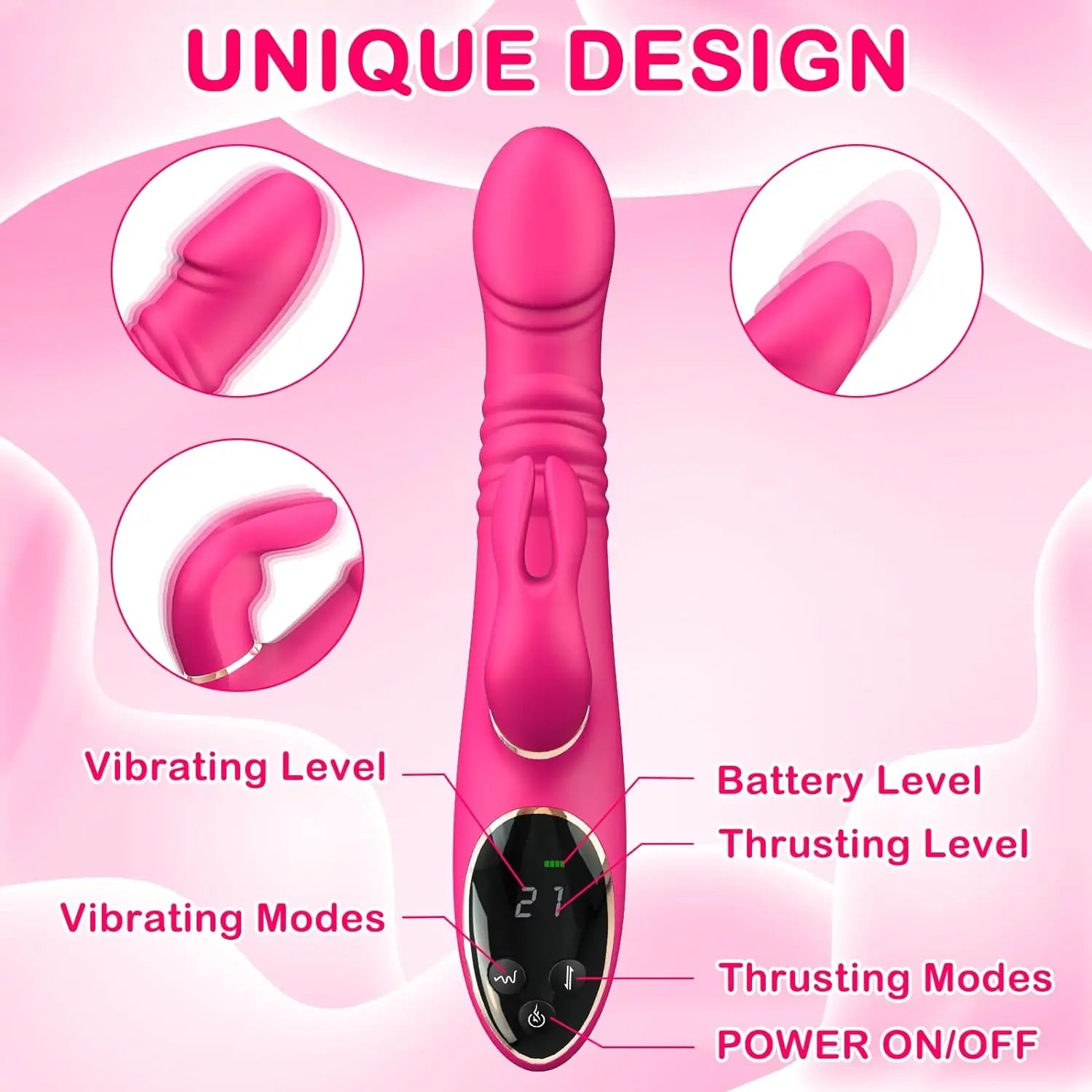 Triple Pleasure Waterproof Thrusting Rabbit Vibrator On-Screen Display