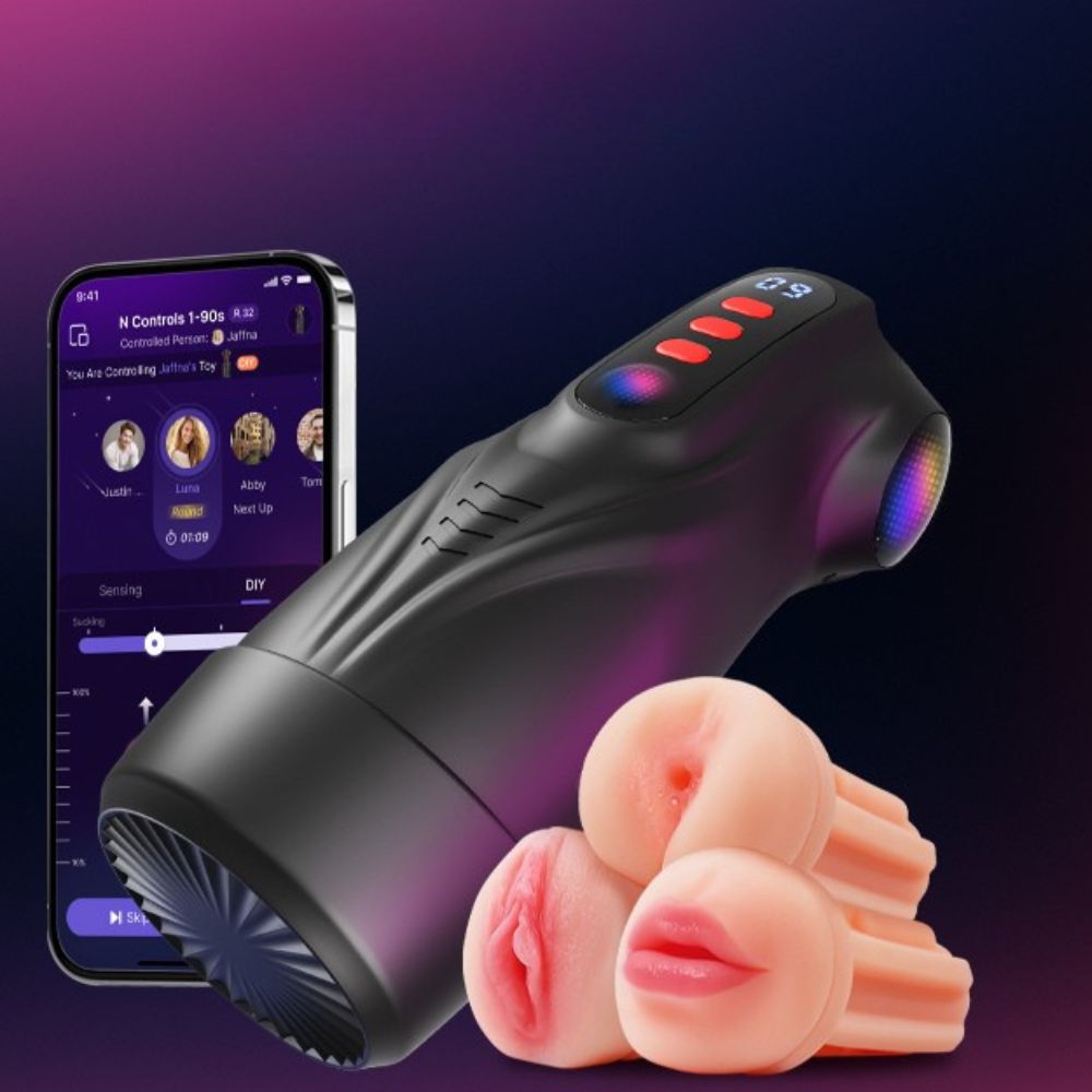 FFM Sucking, Vibrating & Edging Masturbator with Three Textured Sleeves (TPE - Mouth, Vagina, Anal), Rhythmic Light Show